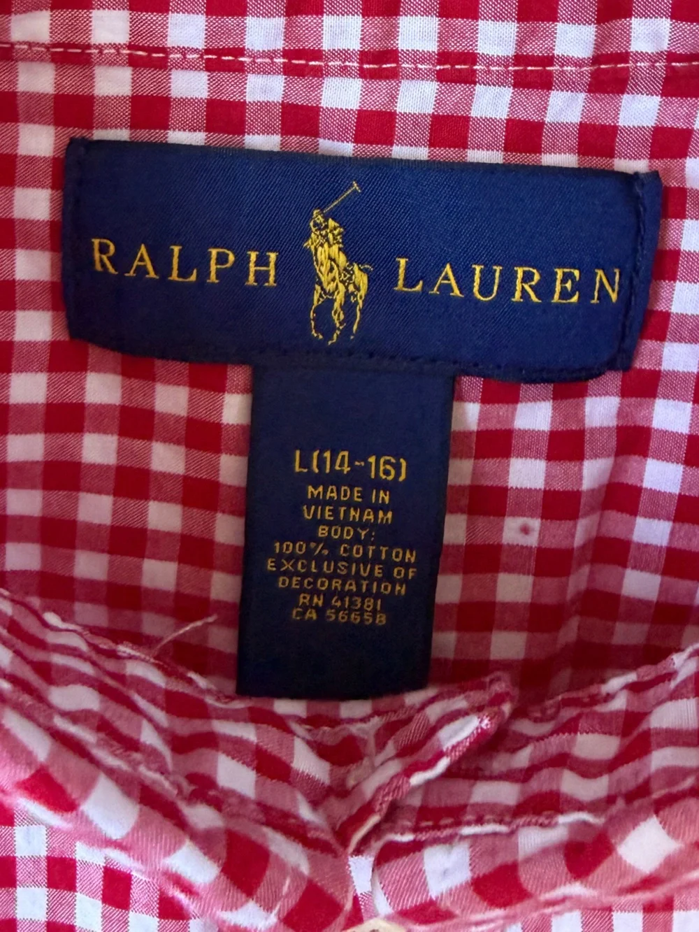 Ralph Lauren Red Gingham Button Down Short Sleeve Shirt Boys Size Large 14-16